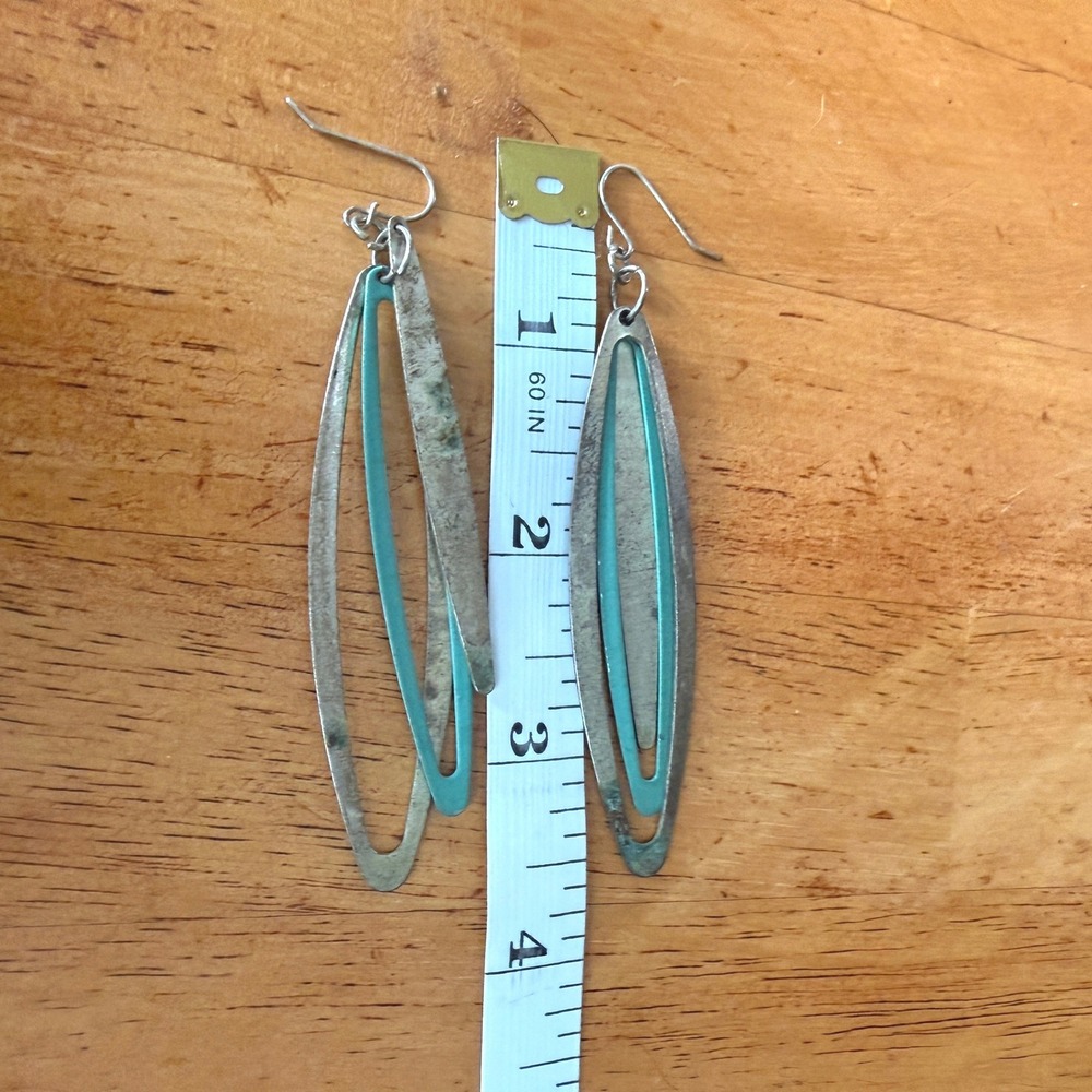 Vtg Artisan Silver Turquoise Enamel Layered Marquise Dangle Earrings MCM Style